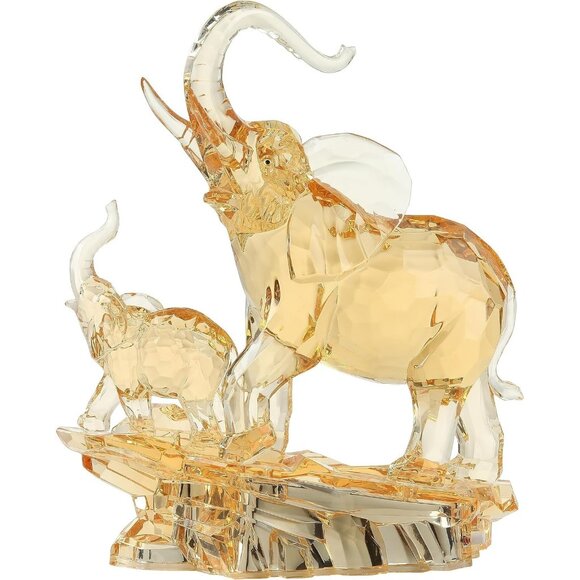 Large Crystal Elephant Sculpture with Baby Elephant, Golden Accents - Picture 3 of 10